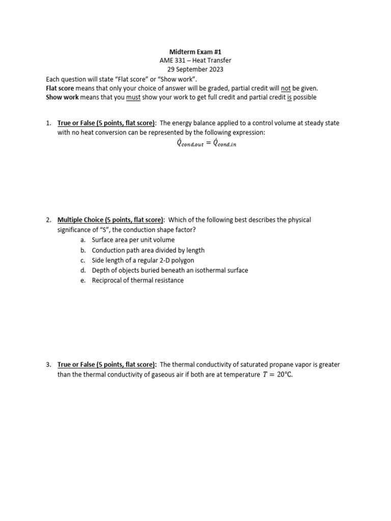 Heat Transfer Midterm Exam Questions | PDF | Heat Transfer | Thermal ...