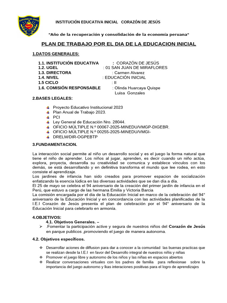 Plan Del Dia de La Educación Inicial 2025 | PDF | Educación de la ...