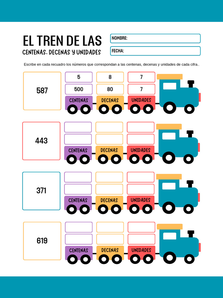 Hoja de Trabajo Tren de Las Centenas, Decenas y Unidades Sencillo ...