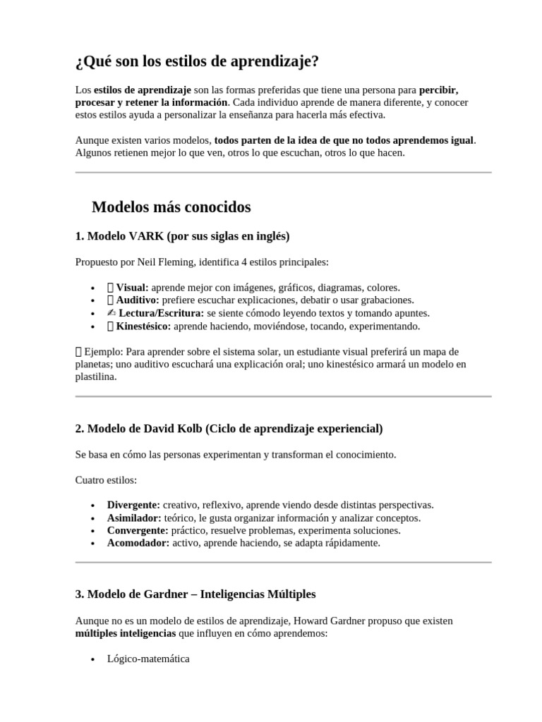 Estilos de Aprendizaje: Guía y Modelos | PDF | Aprendizaje ...
