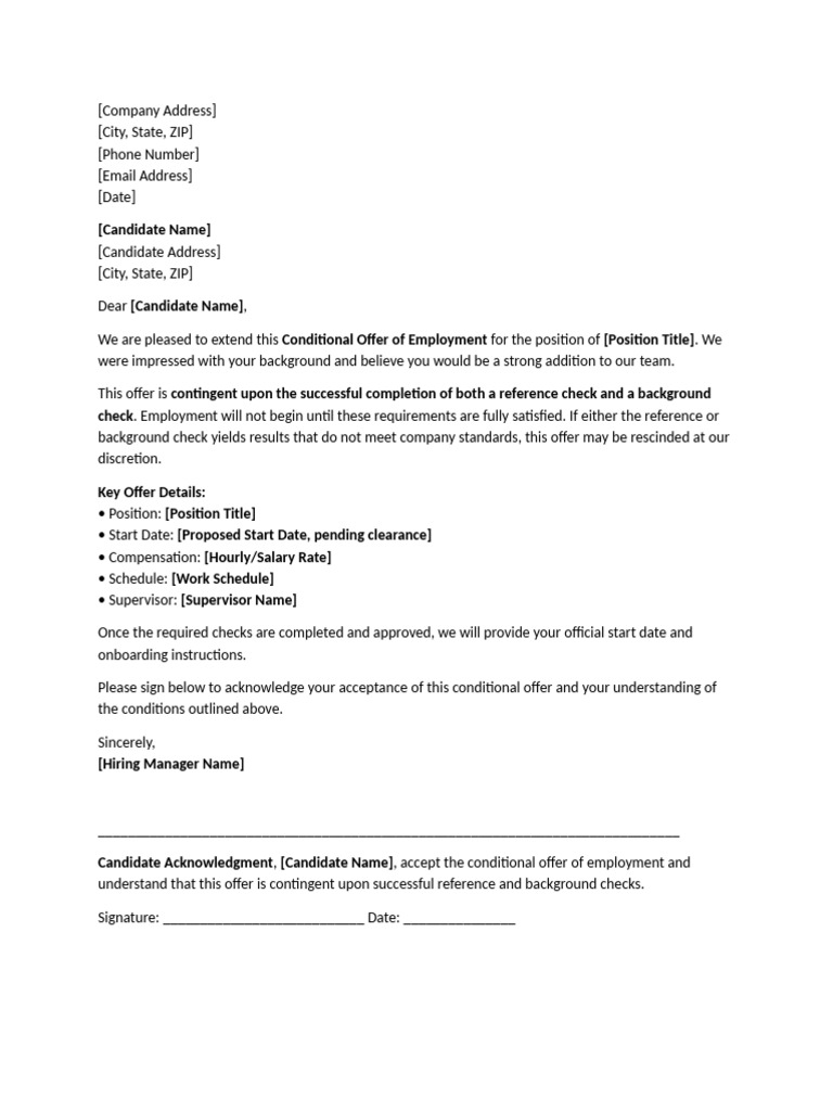 Conditional Job Offer Letter Template | PDF
