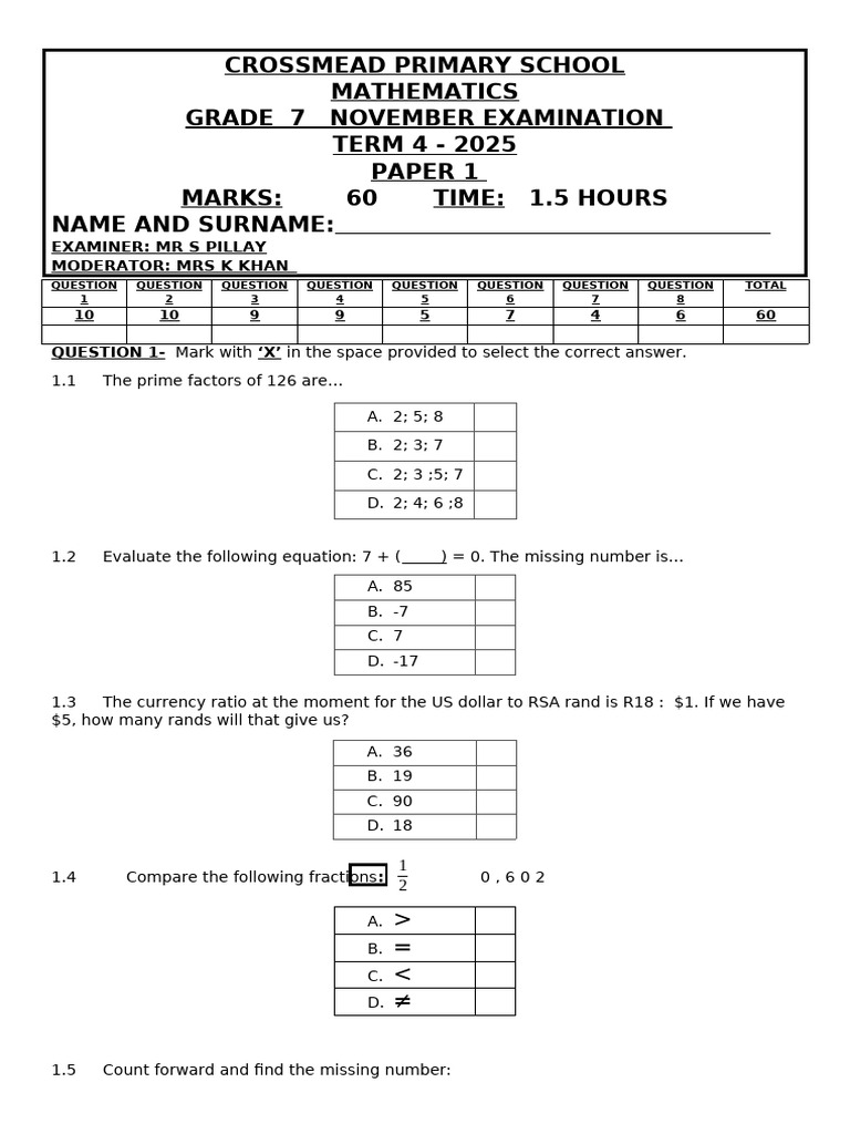 Grade 7 Math Exam Paper 1 2025 | PDF | Mathematics