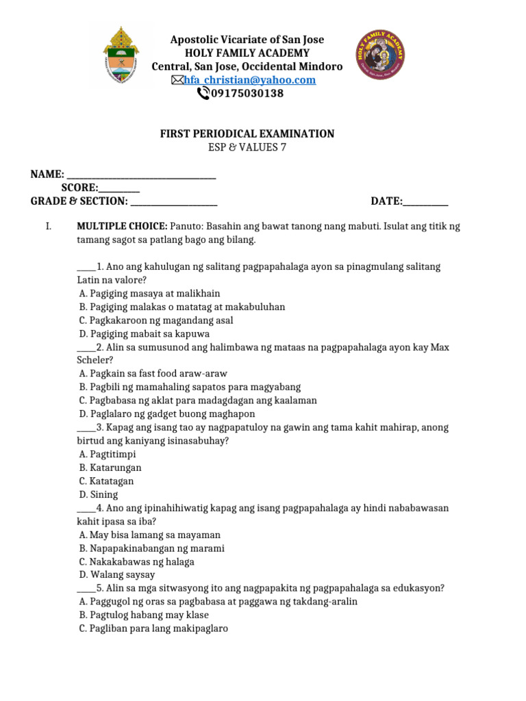 Esp-Values 7-FIRST PERIODICAL Examination | PDF