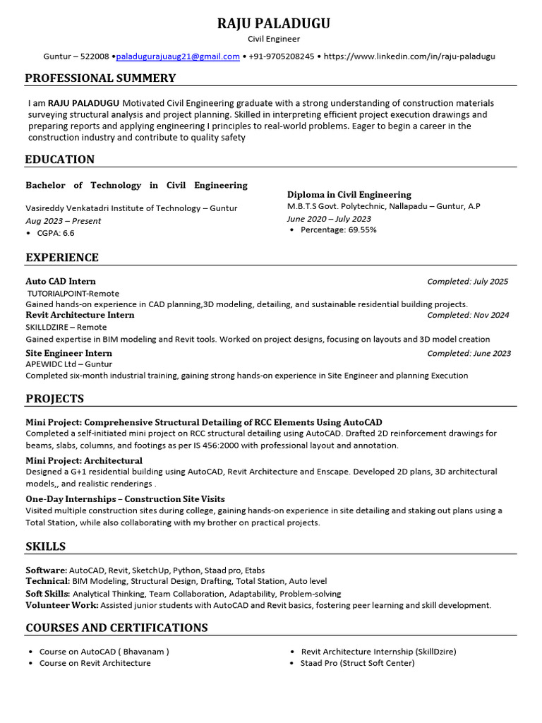Civil Engineer Raju Paladugu Resume | PDF | Autodesk Revit | Engineering