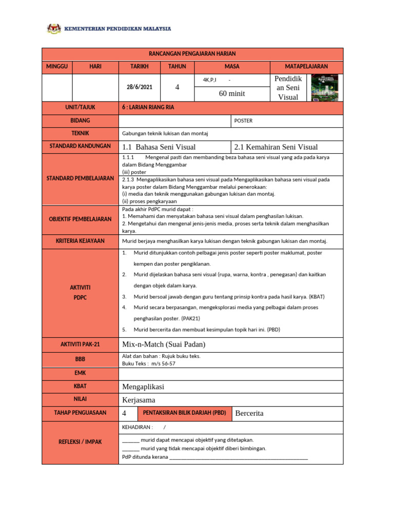 Rancangan Pengajaran Seni Visual 2021 | PDF