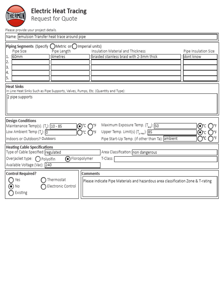 Electric Heat Tracing RFQ Form | PDF