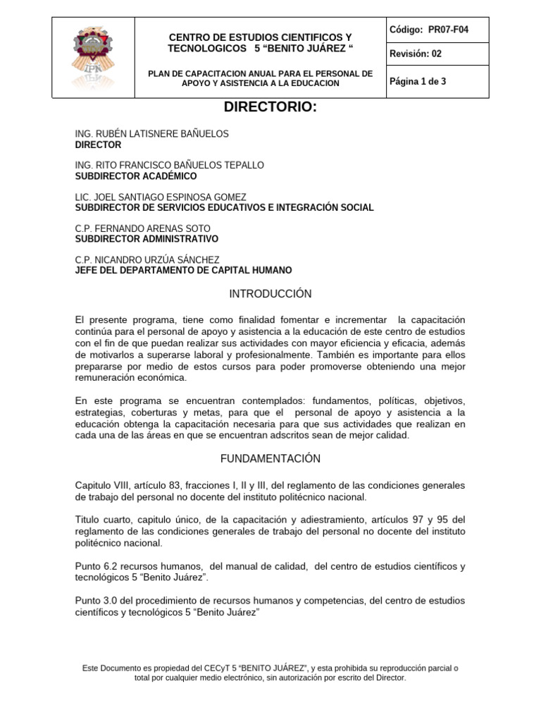 Plan de Capacitación CECyT 5 | PDF | Gestión de recursos humanos