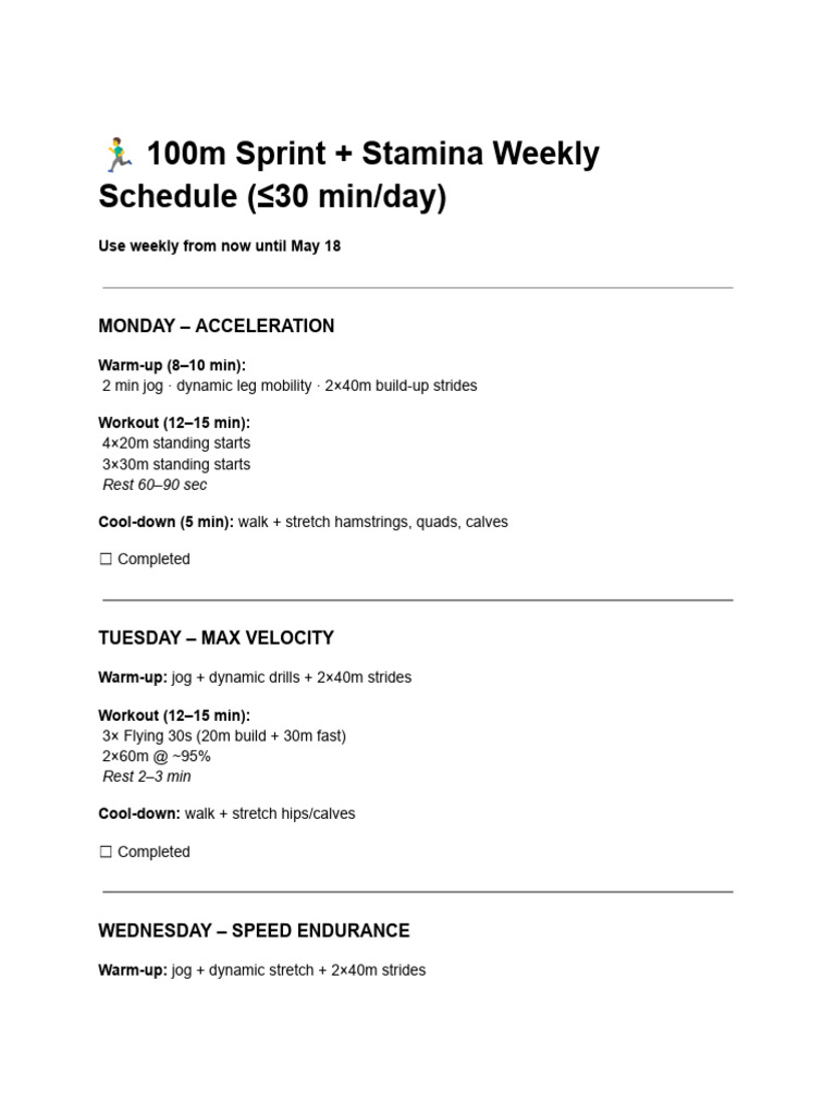 Weekly 100m Sprint Training Plan | PDF
