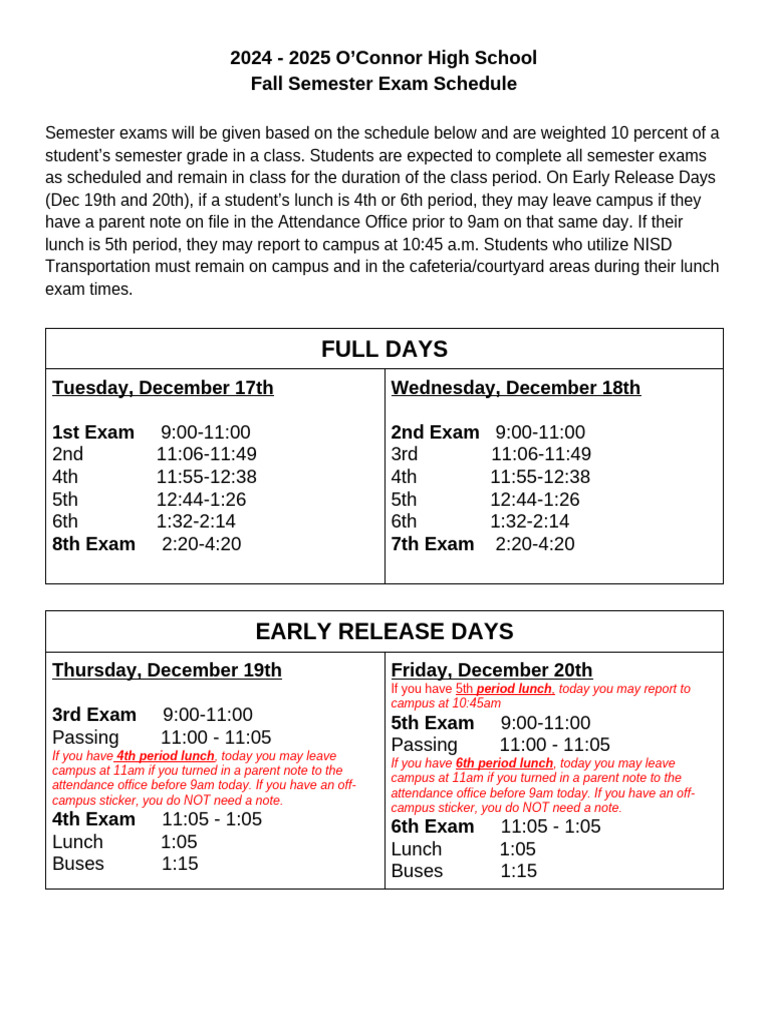 O’Connor High School 2024 Exam Schedule | PDF | Academic Term ...