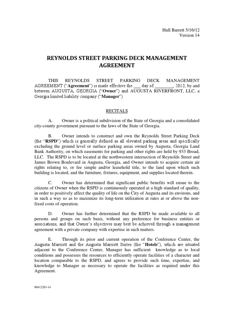 Reynolds Street Parking Deck Agreement | PDF | Indemnity | Insurance