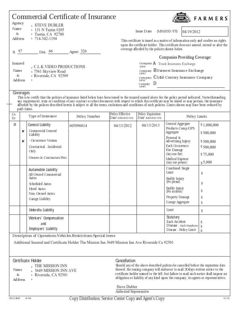 Commercial Certificate of Insurance Sample | PDF | Workers ...