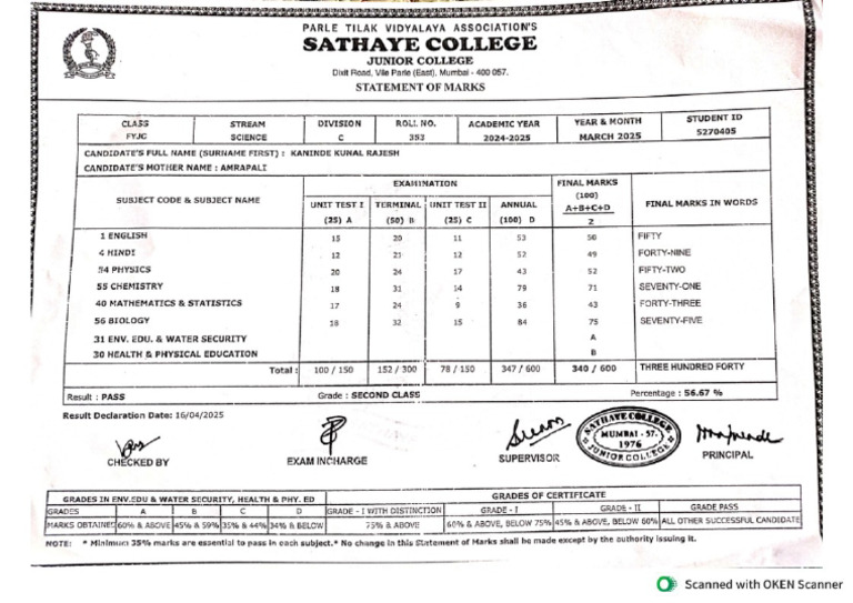 Kunal 11th Marksheet | PDF