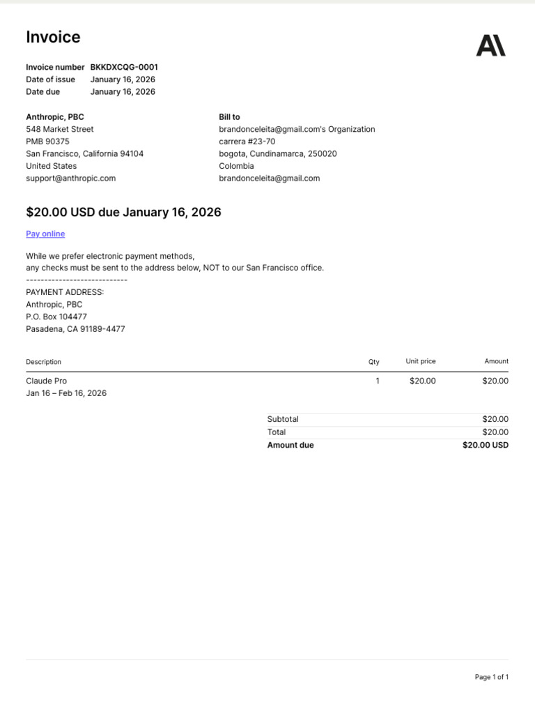 Invoice for Claude Pro Subscription | PDF