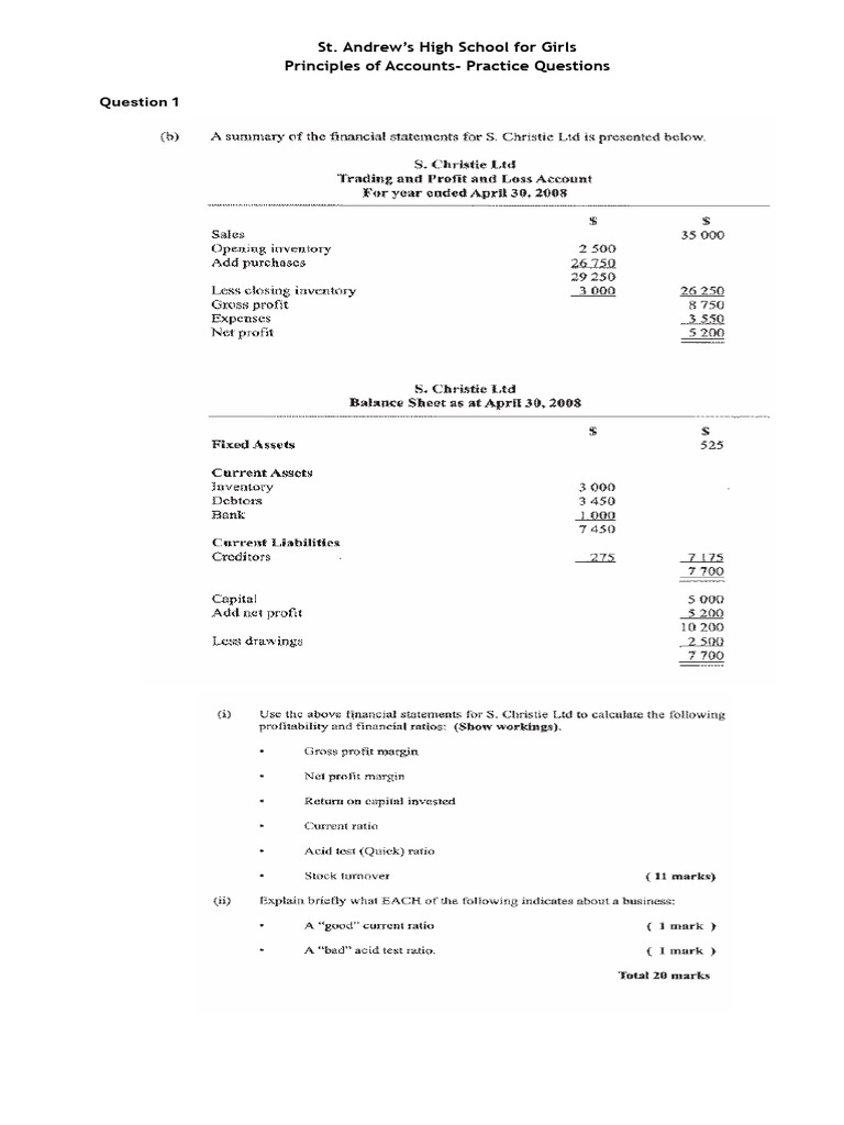 St. Andrew's Accounts Practice Questions | PDF