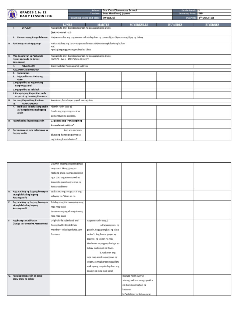 Daily Lesson Log for Grade 5 ESP | PDF