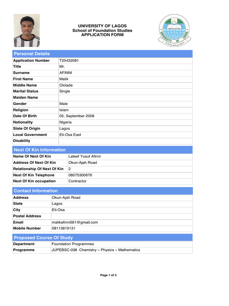 University of Lagos Application Form | PDF