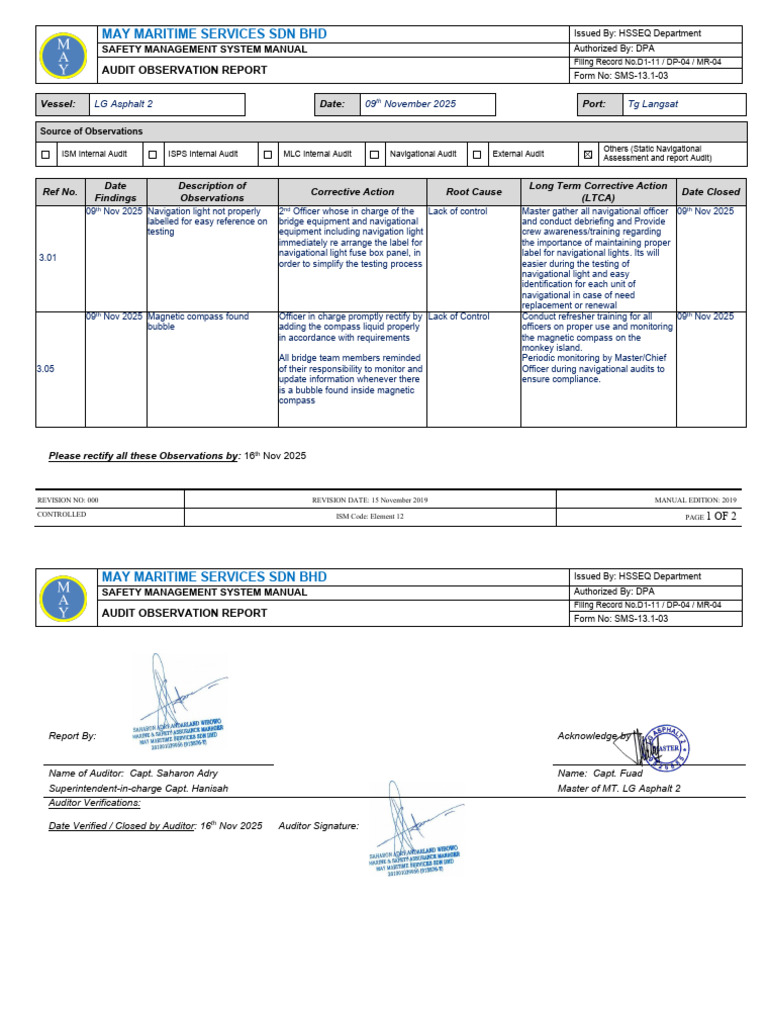 LGA2 Static Obs Rep 091125 TG Langsat | PDF | Audit