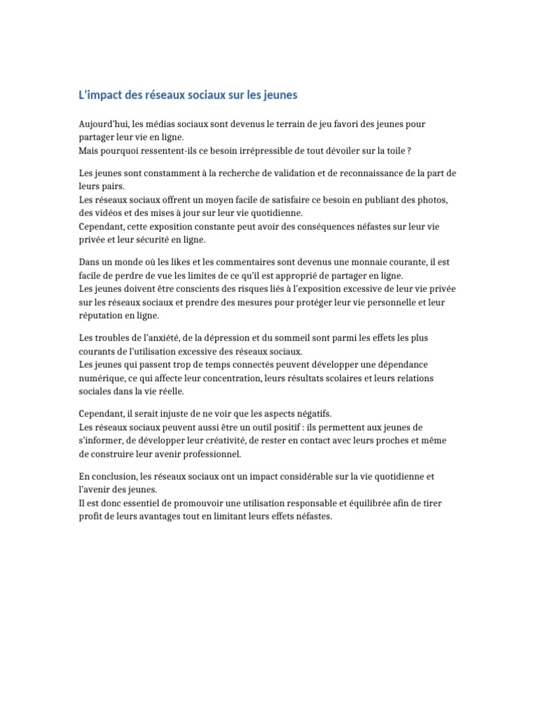Impact des réseaux sociaux sur les jeunes | PDF