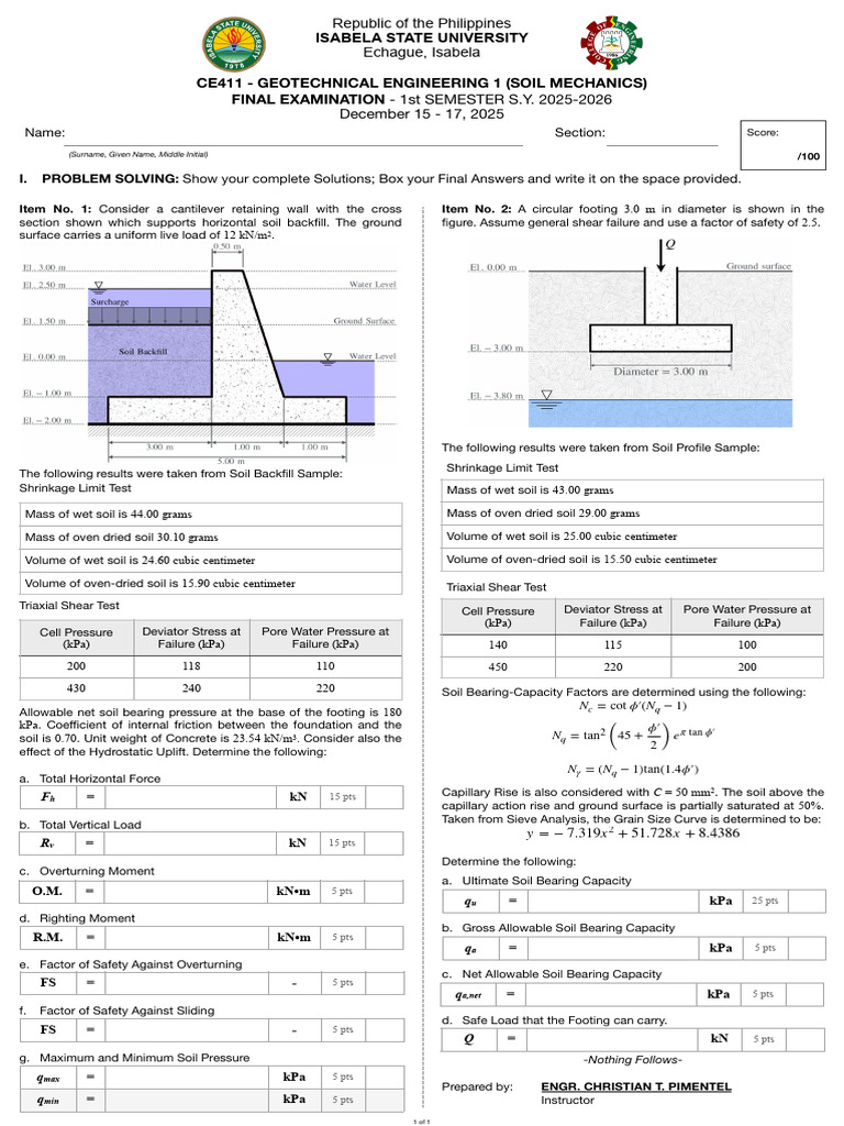 Geotechnical Engineering Final Exam 2025 | PDF | Soil Mechanics | Mechanics