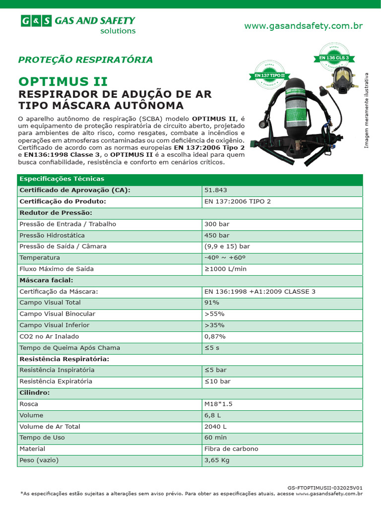 Respirador Autônomo OPTIMUS II: Especificações | PDF