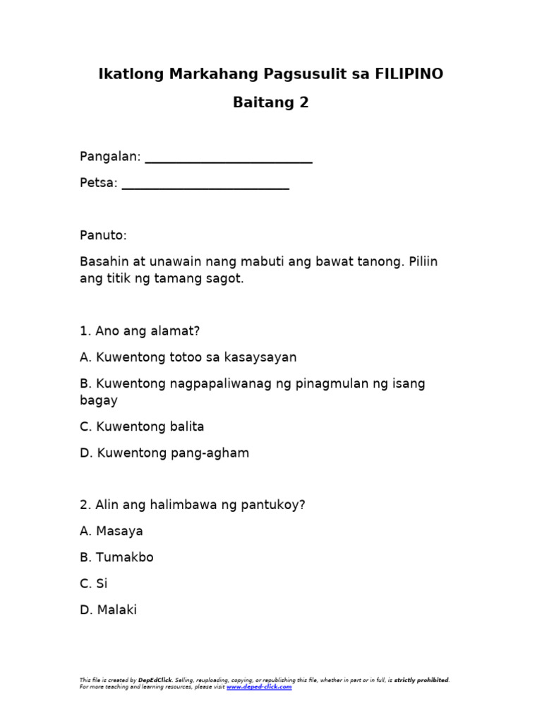 Ikatlong Markahang Pagsusulit FILIPINO Grade2 DepEdClick | PDF