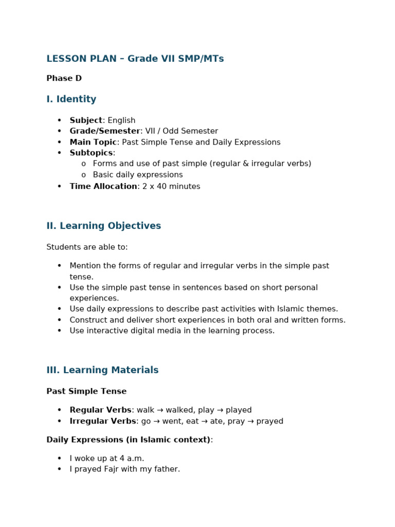 Past Simple Tense Lesson Plan for Grade VII | PDF | Verb | Linguistics