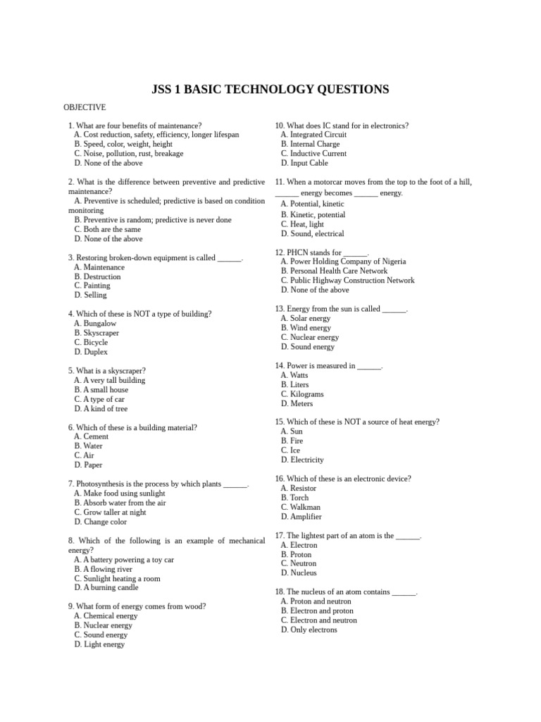 JSS 1 Basic Technology Quiz Questions | PDF | Atoms | Electron