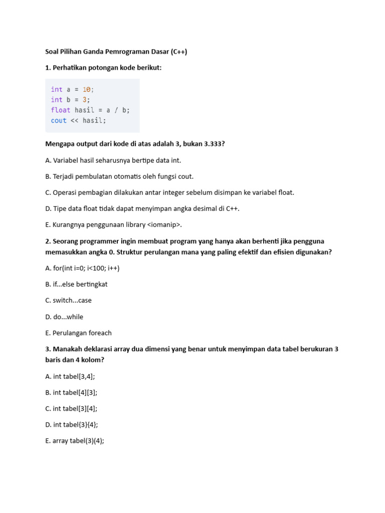 Soal Pemrograman Dasar C++ Pilihan Ganda | PDF