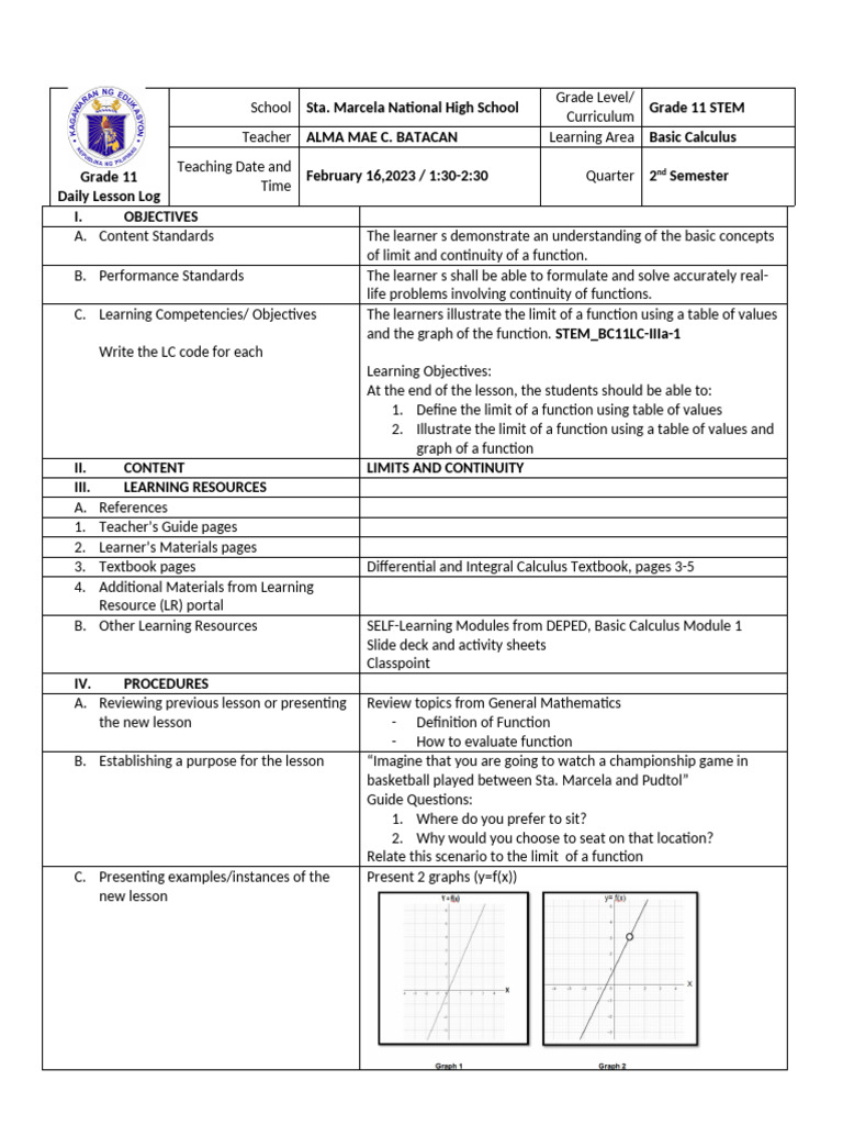 Grade 11 Basic Calculus Lesson Plan | PDF | Function (Mathematics ...