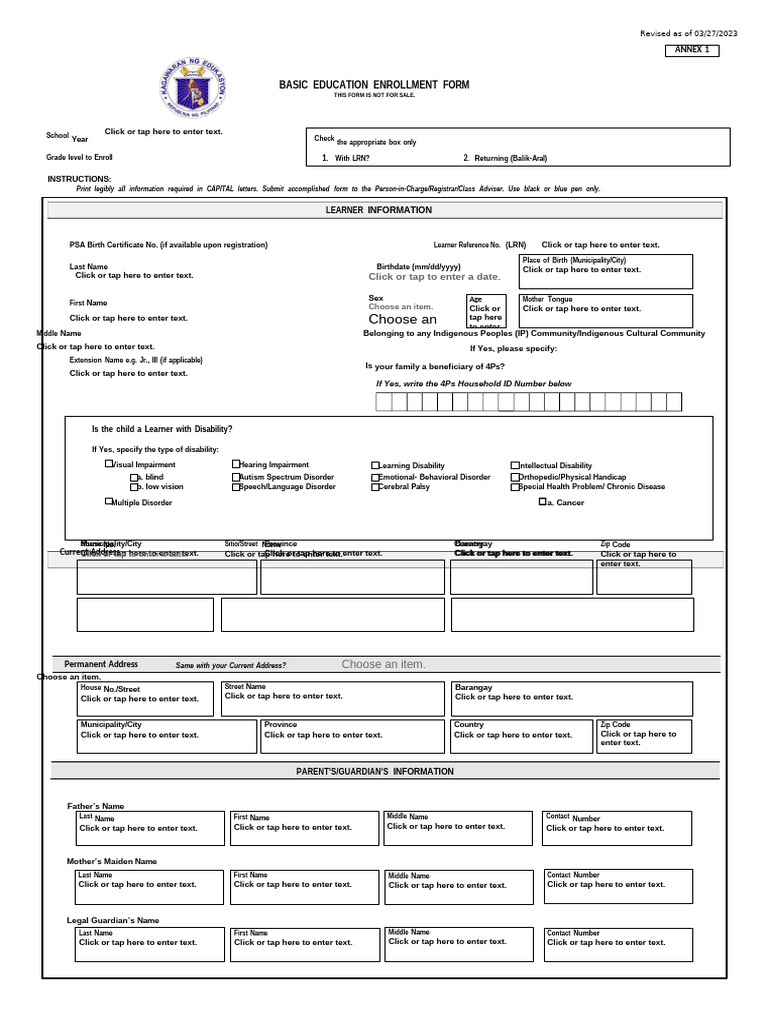 Basic Education Enrollment Form | PDF | Intellectual Disability ...