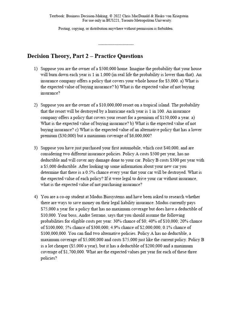 Decision Theory Practice Questions | PDF | Insurance | Deductible