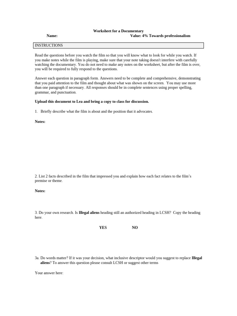 Documentary Worksheet Instructions | PDF