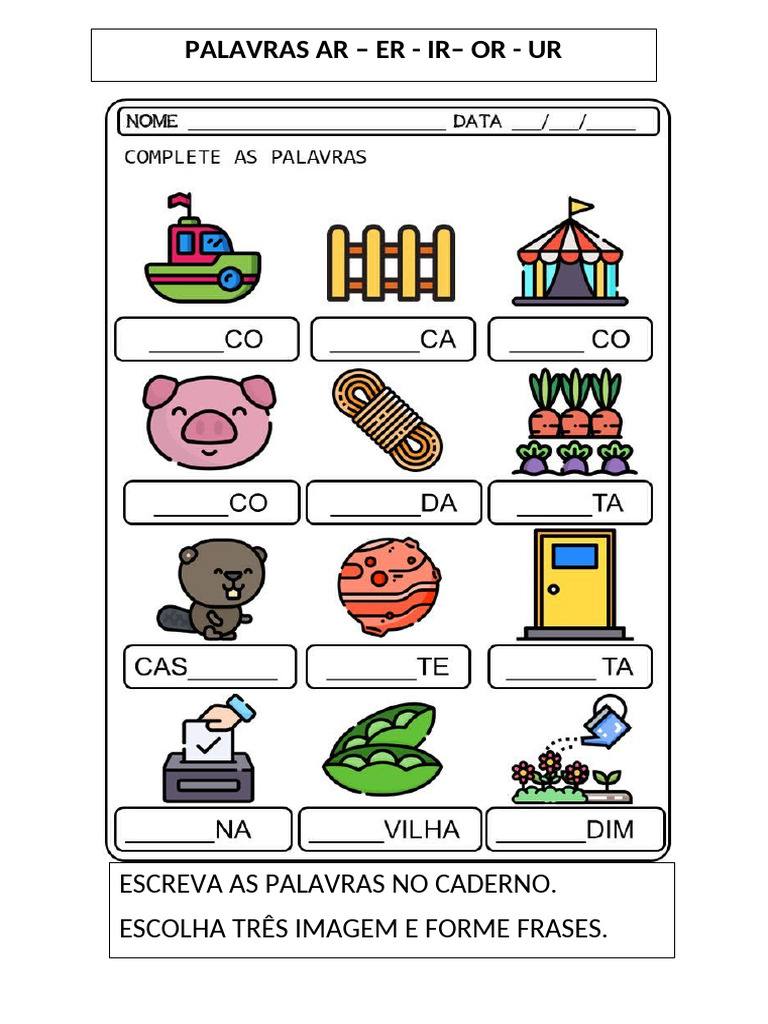 Atividades com Palavras AR, ER, IR, OR, UR | PDF
