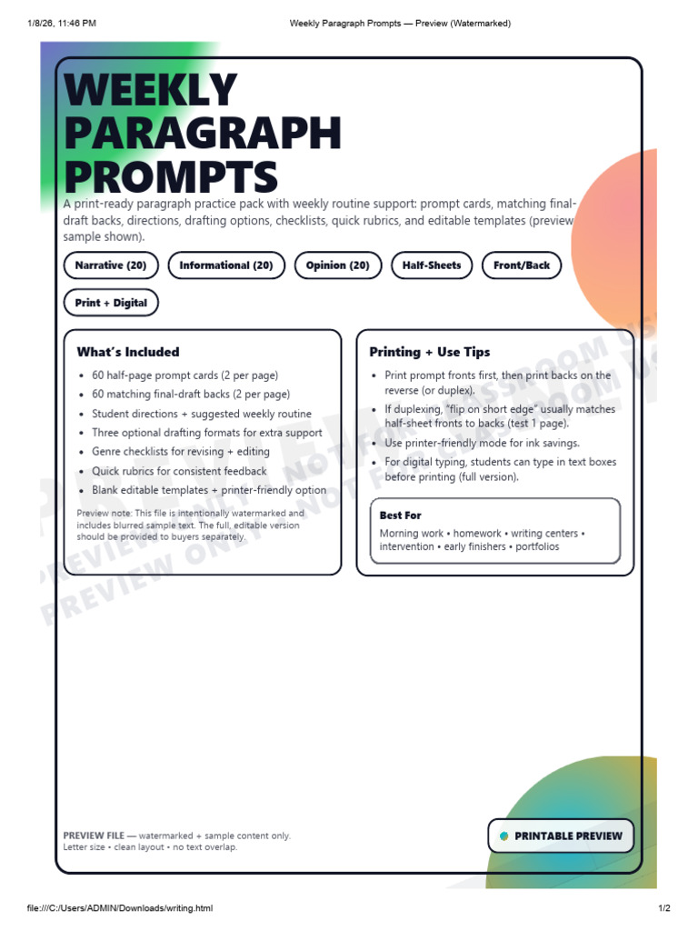 Weekly Paragraph Prompts - Preview (Watermarked) | PDF