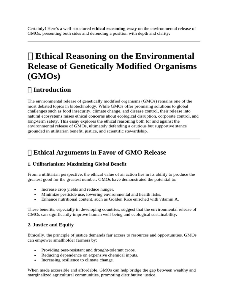 Ethical Considerations of GMO Release | PDF | Genetically Modified ...
