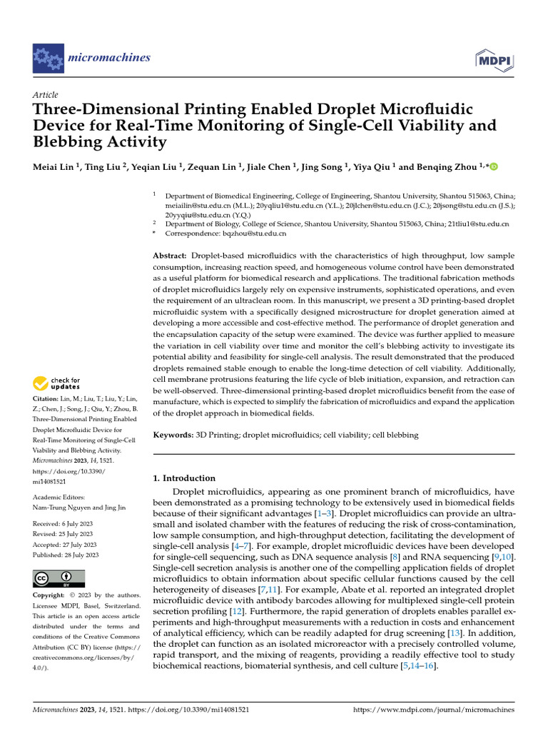 ThreeDimensional Printing Enabled Droplet Microfluidic Device for ...
