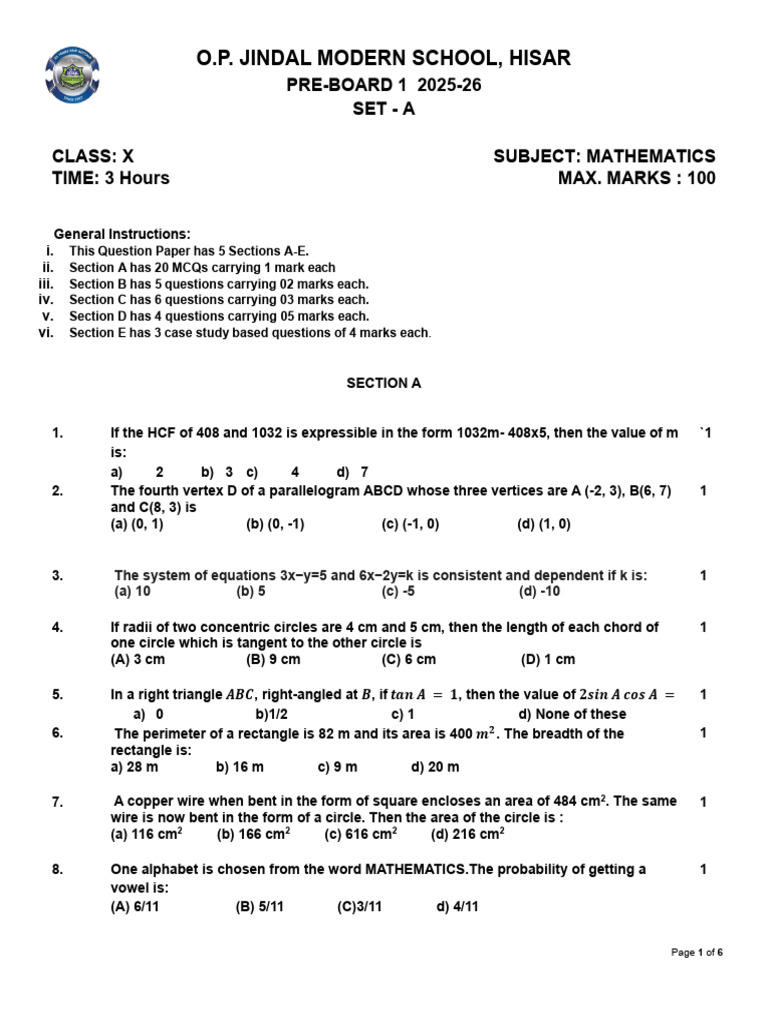 Class X Mathematics Pre-Board Paper 2025-26 | PDF | Area | Circle