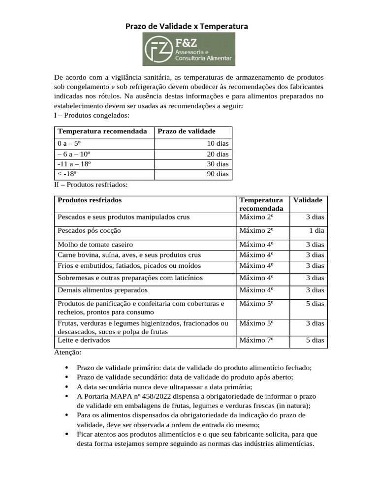 Validade e Temperatura de Alimentos | PDF