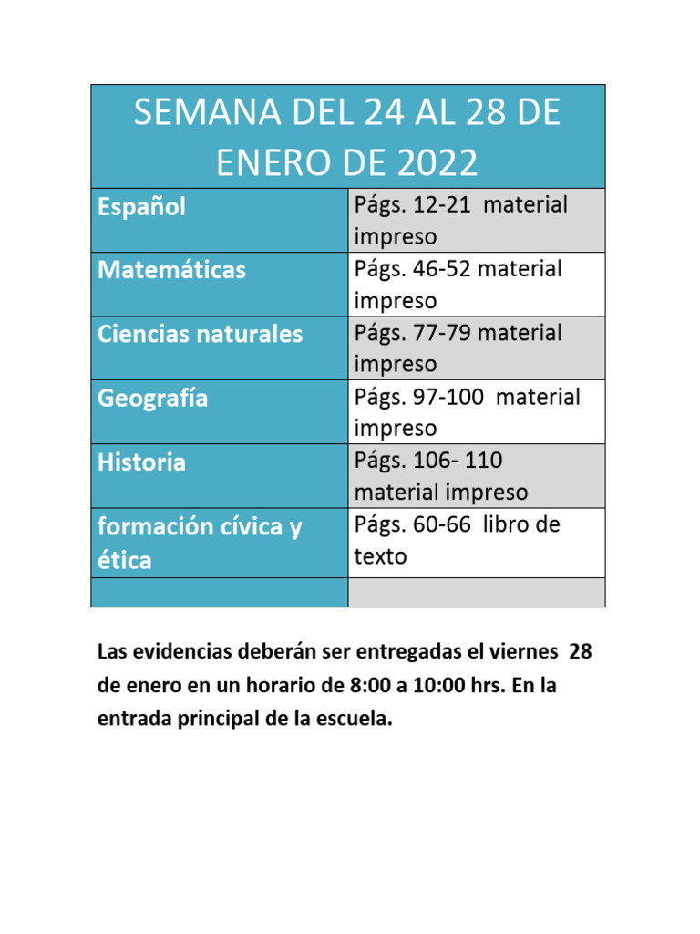 Semana Del 24 Al 28 de Enero de 2022 | PDF