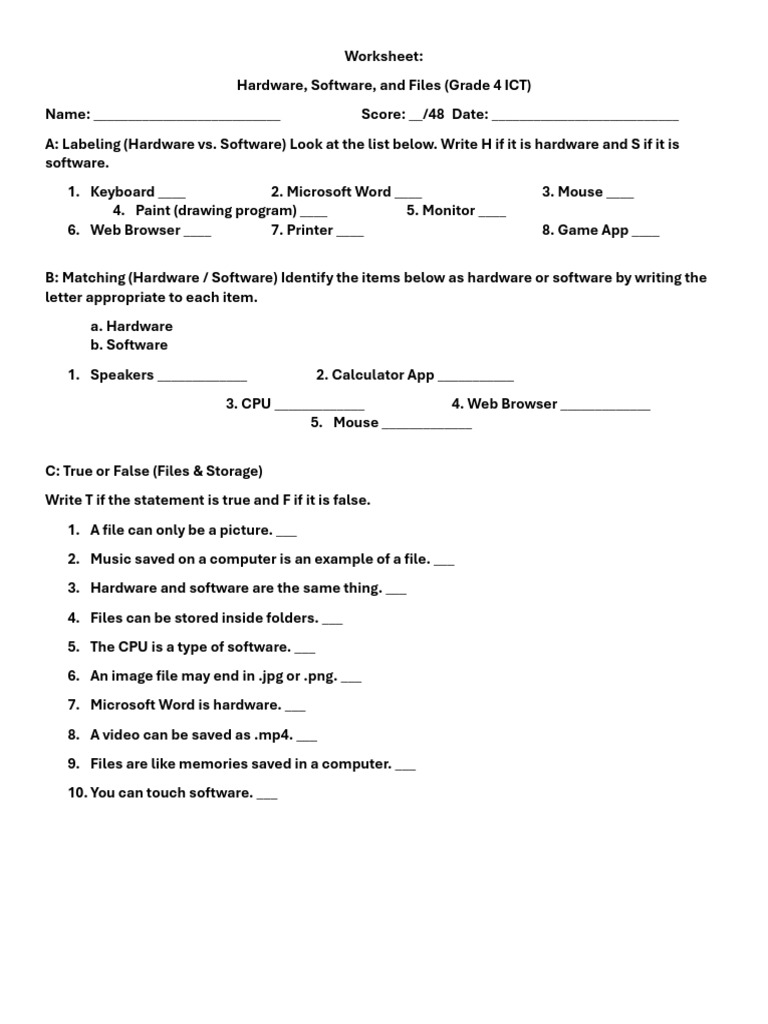 Grade 4 ICT: Hardware vs. Software Worksheet | PDF