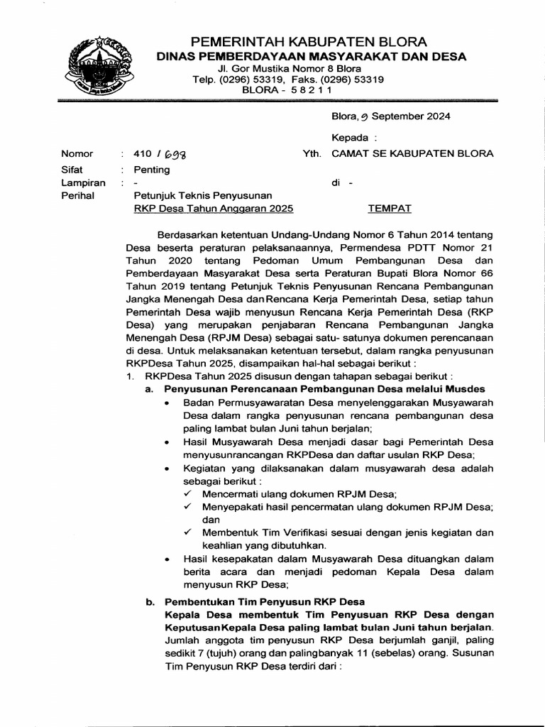 Petunjuk Teknis Penyusunan RKP Desa Tahun Anggaran 2025 | PDF