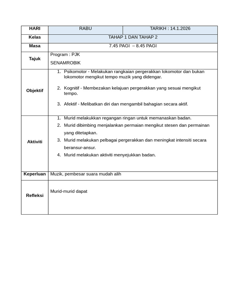 RPH PJ Rabu Dan Khamis | PDF
