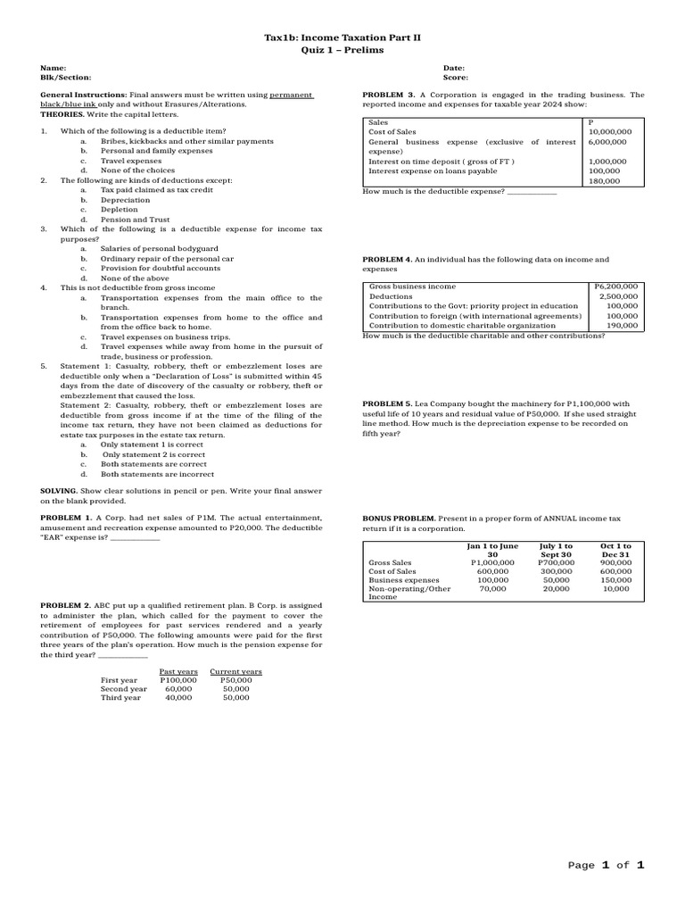 Income Taxation Quiz: Deductions & Expenses | PDF | Tax Deduction | Expense