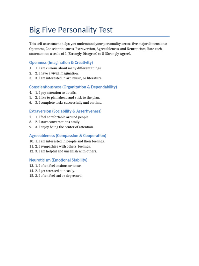 Big Five Personality Test Guide | PDF