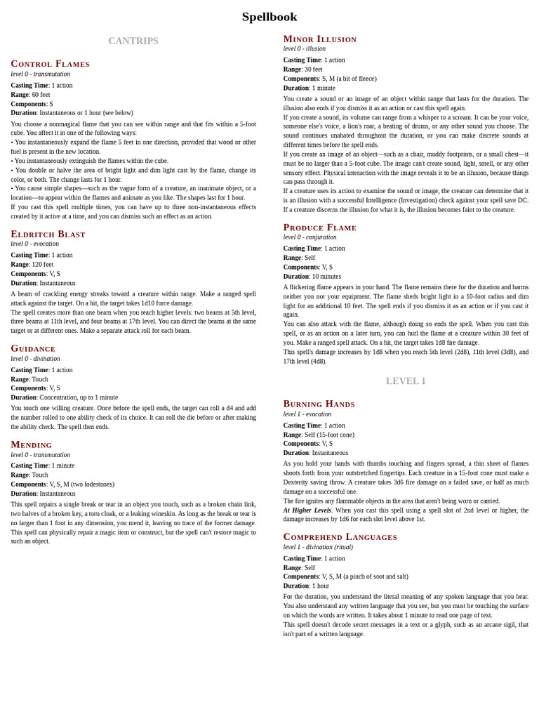 D&D Spellbook: Cantrips and Level 1-2 Spells | PDF