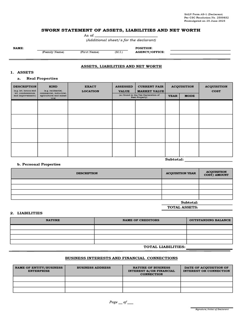 SALN Form AS-1: Assets and Liabilities | PDF | Corporations | Money