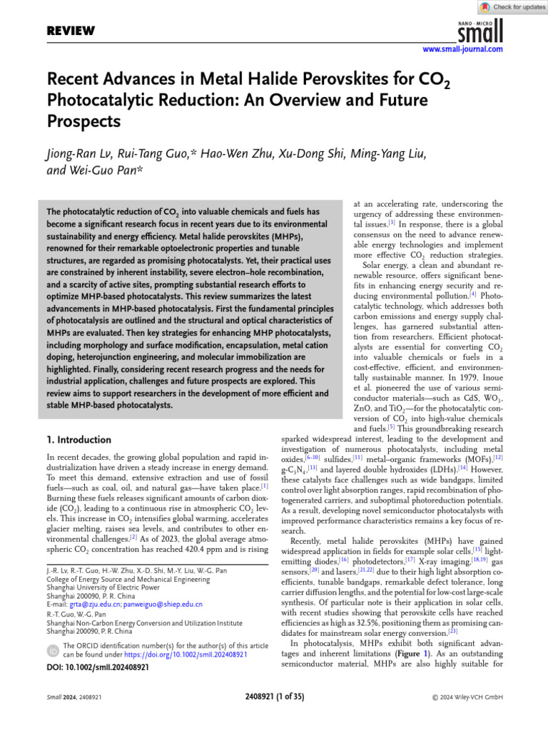 Small - 2024 - Lv - Recent Advances in Metal Halide Perovskites for CO2 ...