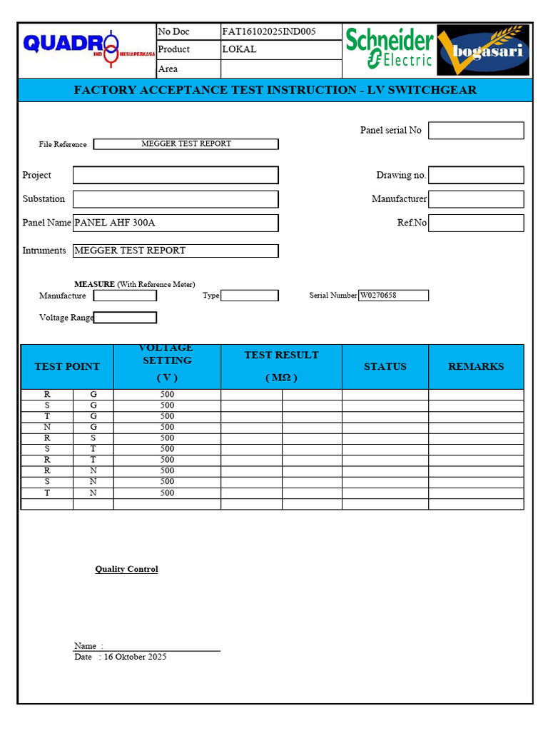 LV Switchgear FAT Megger Test Report | PDF