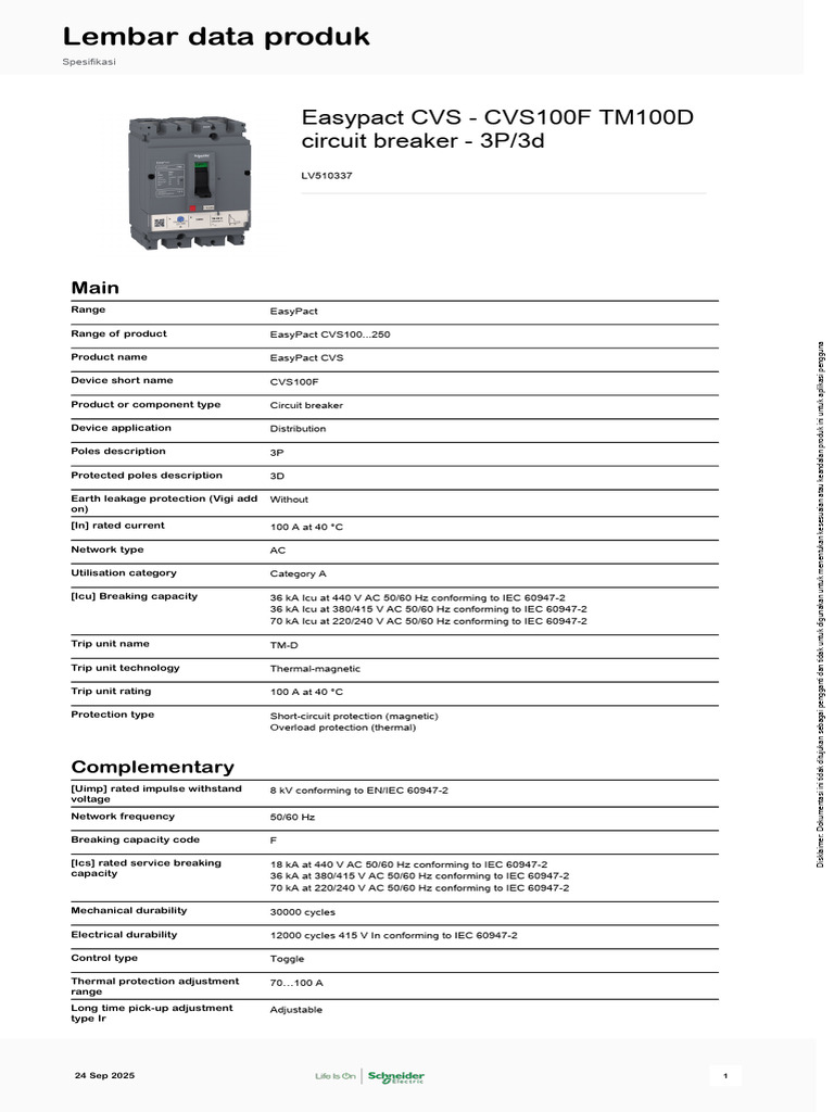 EasyPact CVS100F Circuit Breaker Specs | PDF | Alternating Current ...