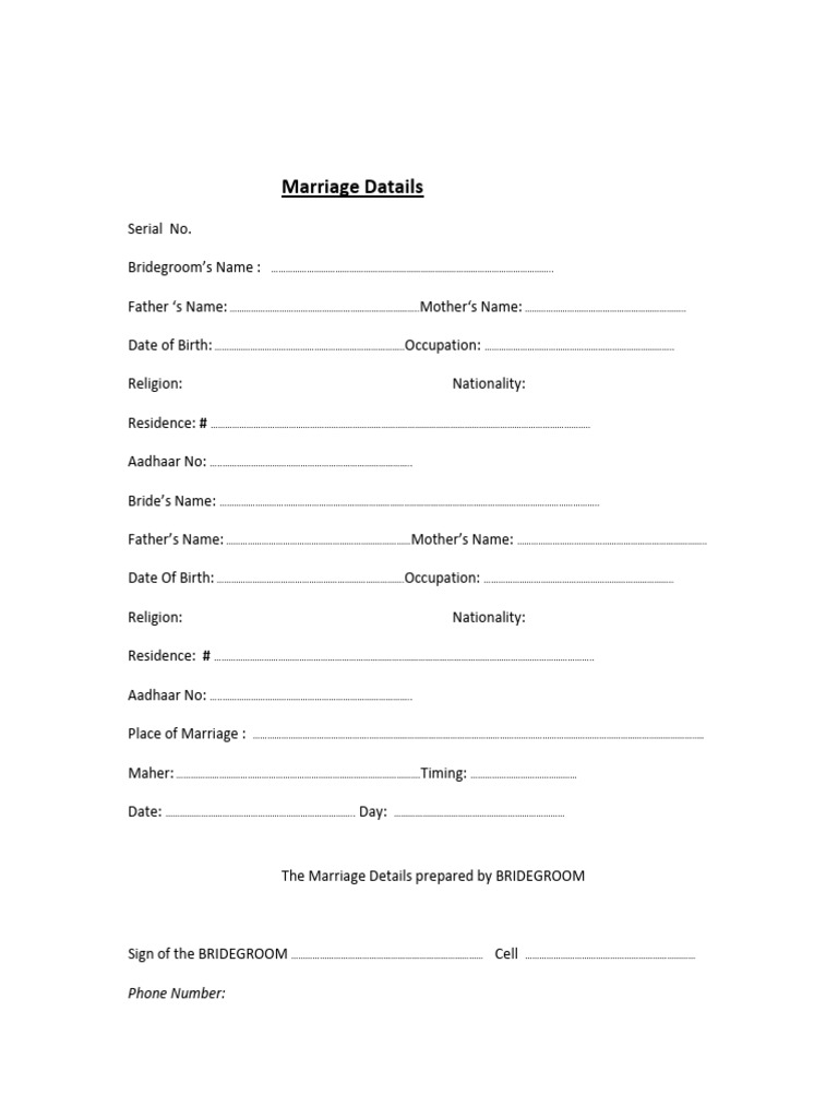Marriage Details Form Template | PDF